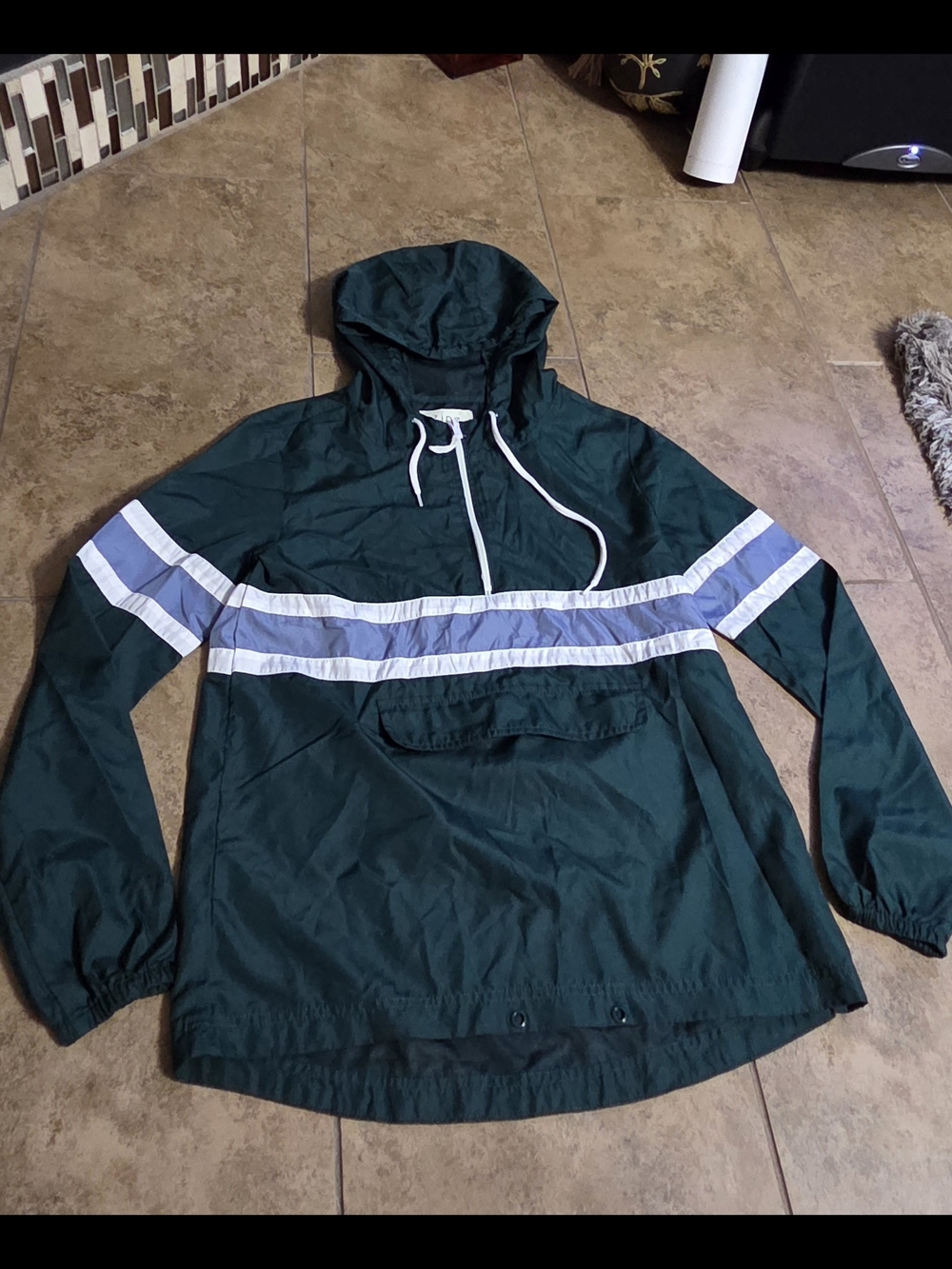Zine Clothing Dark Green Hooded Pullover Windbreaker with White & Gray Stripes